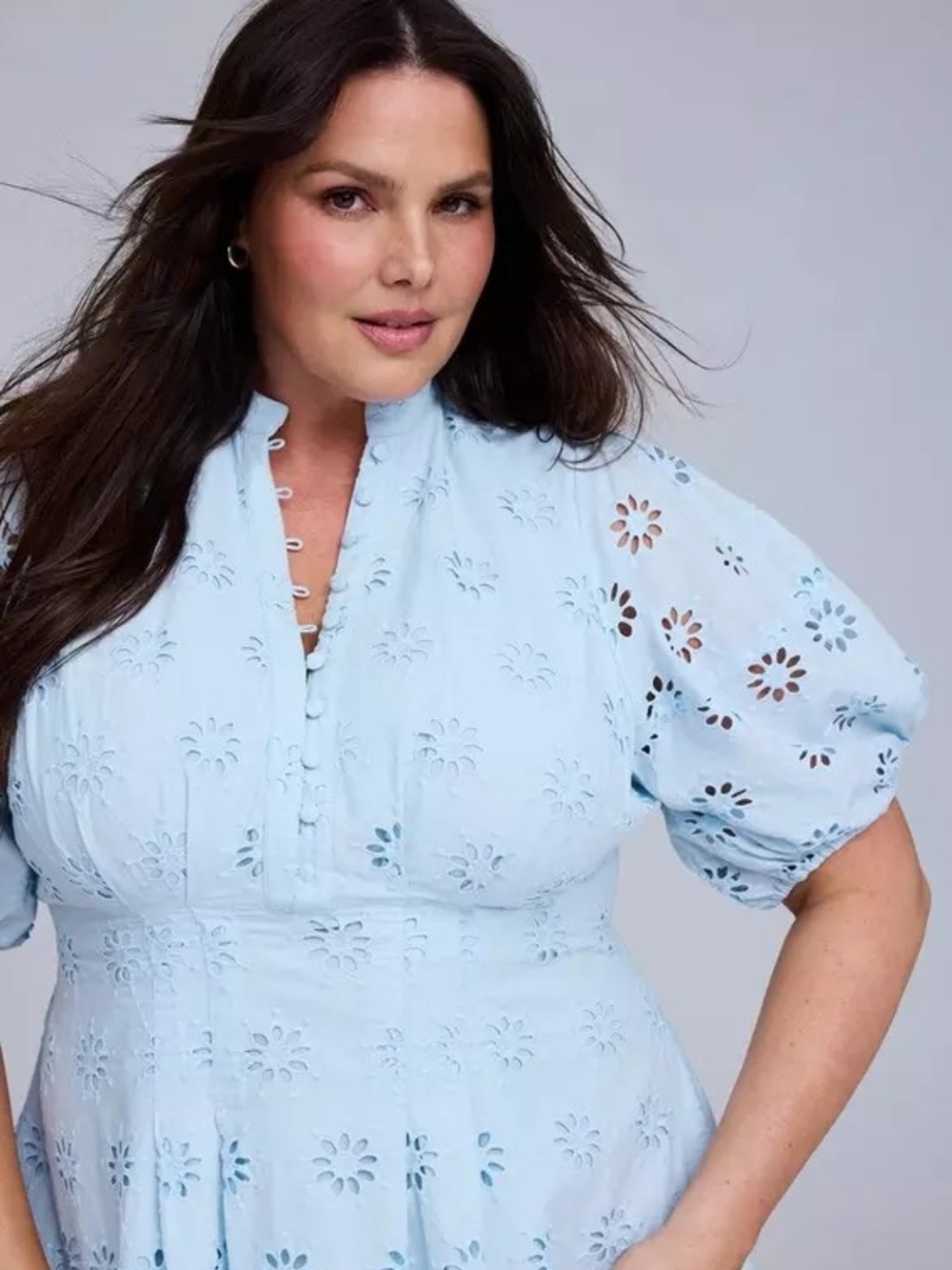 Torrid Light Blue Eyelet Puff-Sleeve Mini Dress | Belle Isle